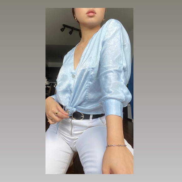 DYNAMITE Front-Tie Satin Blouse - Picture 2 of 5